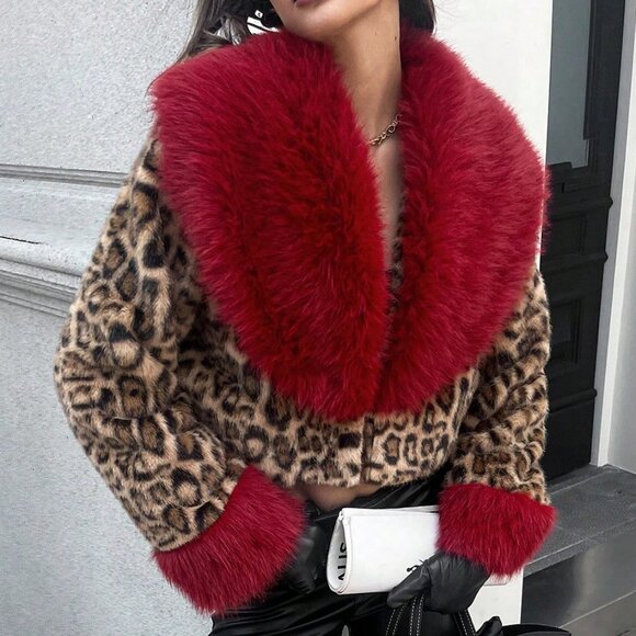 Bold Leopard Print Faux Fur  Coat with Plush red Collar & cuffs  Women's - Picture 2 of 8